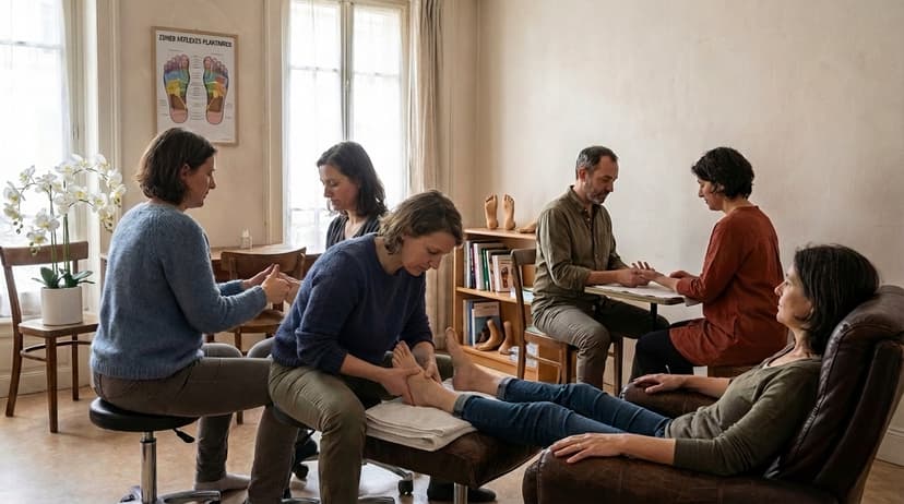 Élèves en pratique de réflexologie