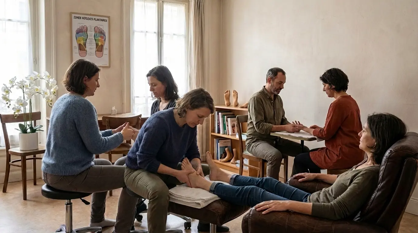 Élèves en pratique de réflexologie
